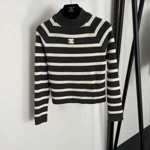 CHANEL Black and White Striped Turtleneck Sweater